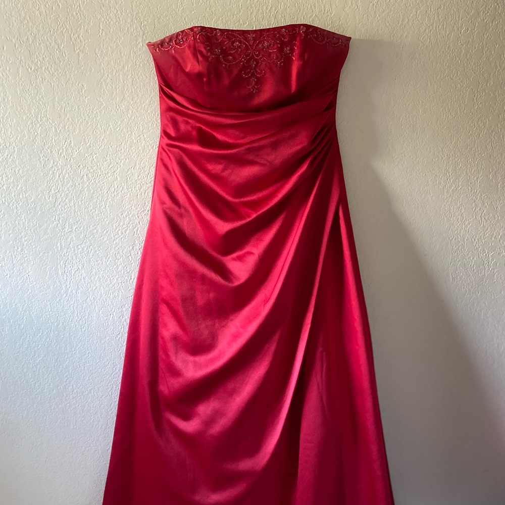 Red strapless prom dress